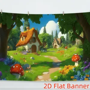 1PC,2D Flat Customize Backdrop Fairy Tale Forest Cottage Decorative Backdrop, Mushroom And Flower Themed Festival Decoration Hanging Cloth, Party Birthday Scene Decoration Background Curtain, Fantasy F