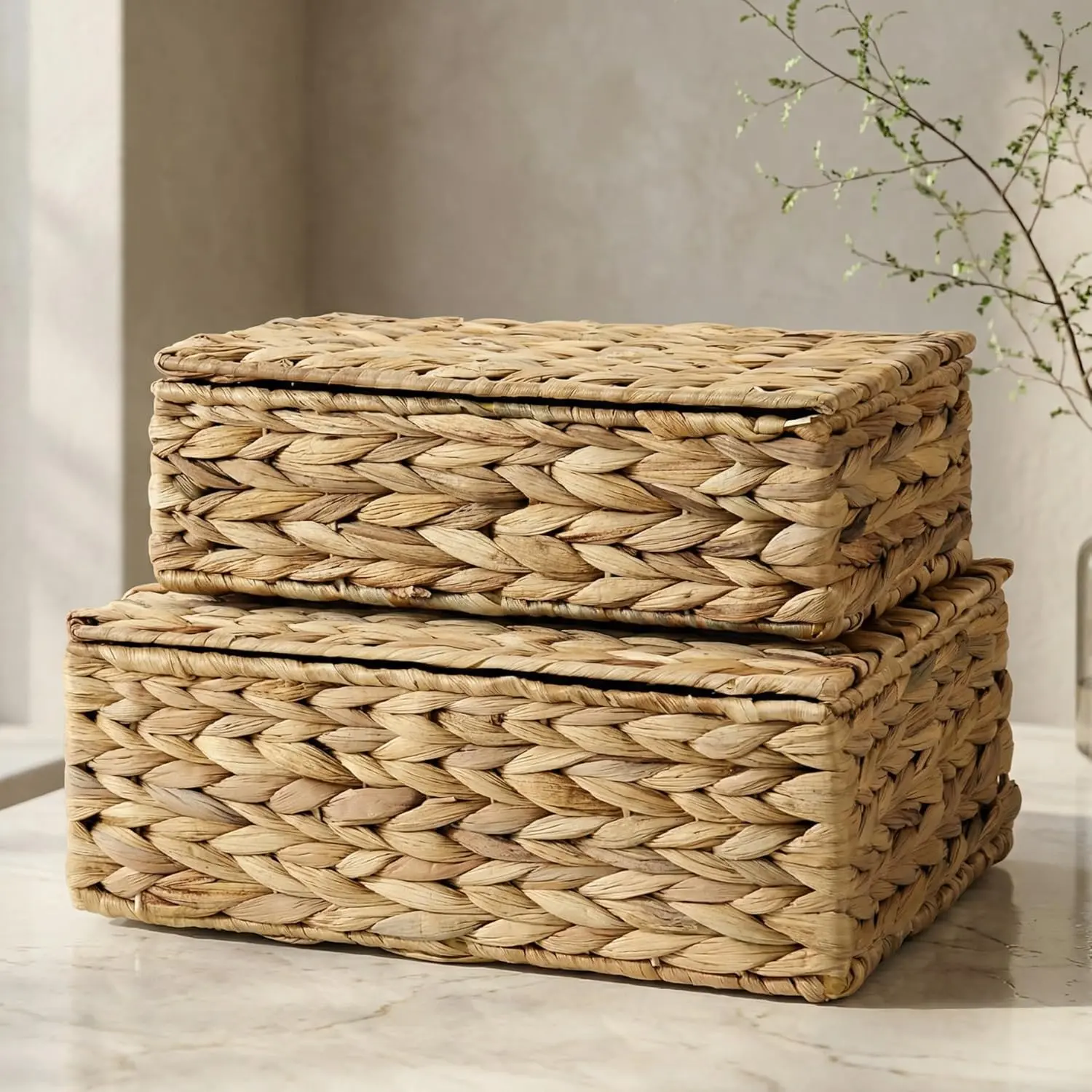 Decorative Boxes with Lids - Set of 2 Beautiful Wicker Organizer Bins for Your Shelves & Home Decor - Store Your Photos, Documents, and Memory Box Keepsakes in a Stylish Rattan