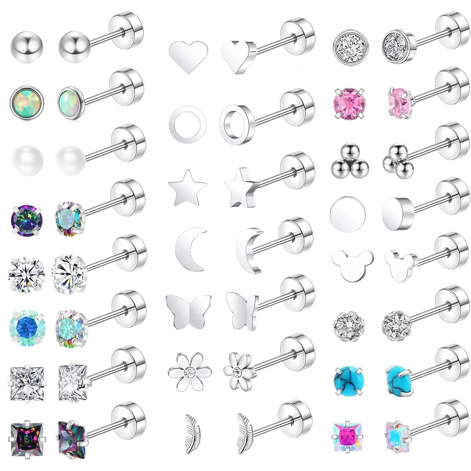 Women's 23 Pairs Hypoallergenic Titanium Earrings, 20G Gauge, 6mm Post Length, Cute Heart & CZ Flower Balls, Tiny Flat Back, Elegant Secure-Fit G23 Fashion Jewelry Gifts