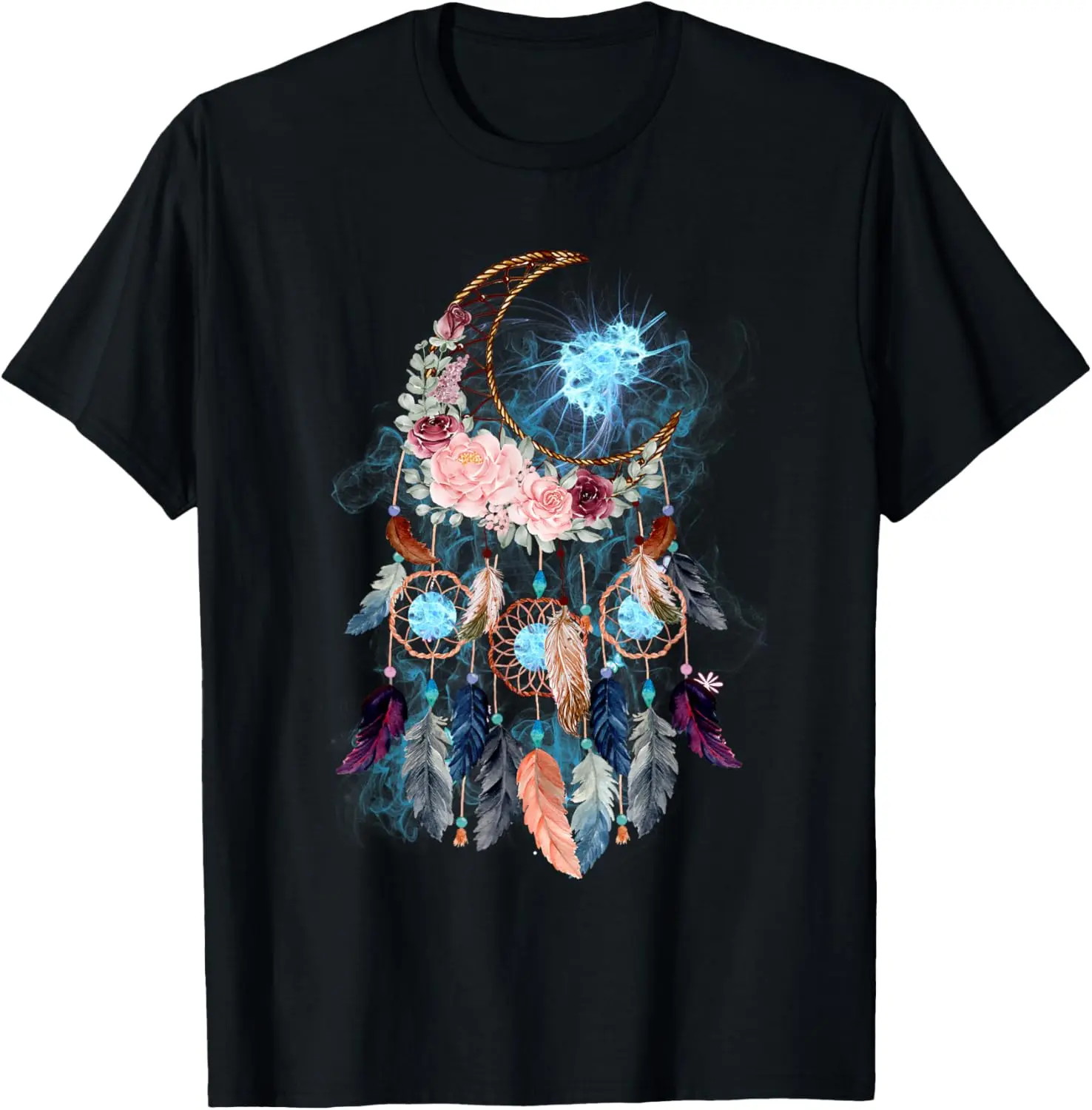 Women's 100% Cotton Short-Sleeve Round Neck Graphic T-Shirt - Vintage Distressed Moon Dream Catcher Print, Casual Streetwear Everyday Top, Shortsleeve, Tshirt