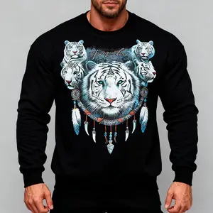 White Tiger Head Men's Crewneck Sweatshirt Long Sleeve Sweater Shirt Casual Pullovers Tops Regular Fit Round Neck Long Sleeve Pullover Fall & Winter Streetwear Men's Embroidered Graphic Crewneck Sweatshirt Tiger Head