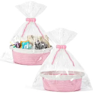 2 Pack Small Woven Basket with Gift Bags and Ribbons Empty Decorative Gift Chest Box Cute Baby Gift Basket for Nursery Cotton Rope Room Shelf Storage Basket with Handles All 12"x 8"x 5" Pink Organiser Plant - Pot