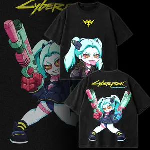 Retro Rebecca Cyberpunk Edgerunners Neoncore Vintage Graphic Tee Acid Washed Oversize T-Shirt Lightweight Cotton Unisex Streetwear Vintage Anime Top Edgerunner Style Limited Edition Gift Futuristic Manga Apparel Casual Urban Fashion Black Graphic Shirt
