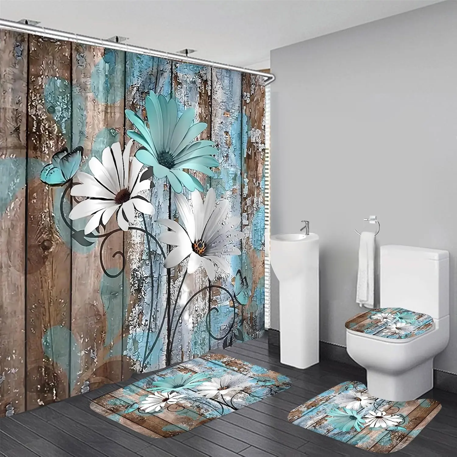 Rustic Rust, Teal, Turquoise Daisy Flower Fabric 4-Piece Farmhouse Shower Curtain Set - Waterproof Bathroom Accessory Set with Absorbent Bath Mat and 12 Plastic Hooks