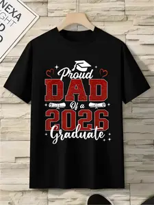 Stylish Black Graduation T-Shirt for Proud Dads, Featuring Glittery Red Lettering And Elegant White Cursive. A Perfect Gift for Graduates And Fathers, Designed for a Casual Fit with a Crew Neck And Medium Stretch Fabric. Unisex 2026 Black Tee