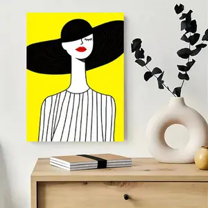 Framed 1pc Modern Minimalist Elegant Woman in Striped Dress & Wide Brim Hat Canvas Wall Art Poster - Vibrant Yellow Background, & Stripes, Red Lips Accent - Wrapped Wood Frame, High-Resolution Print for Home Office Bedroom Decor - Christmas Halloween