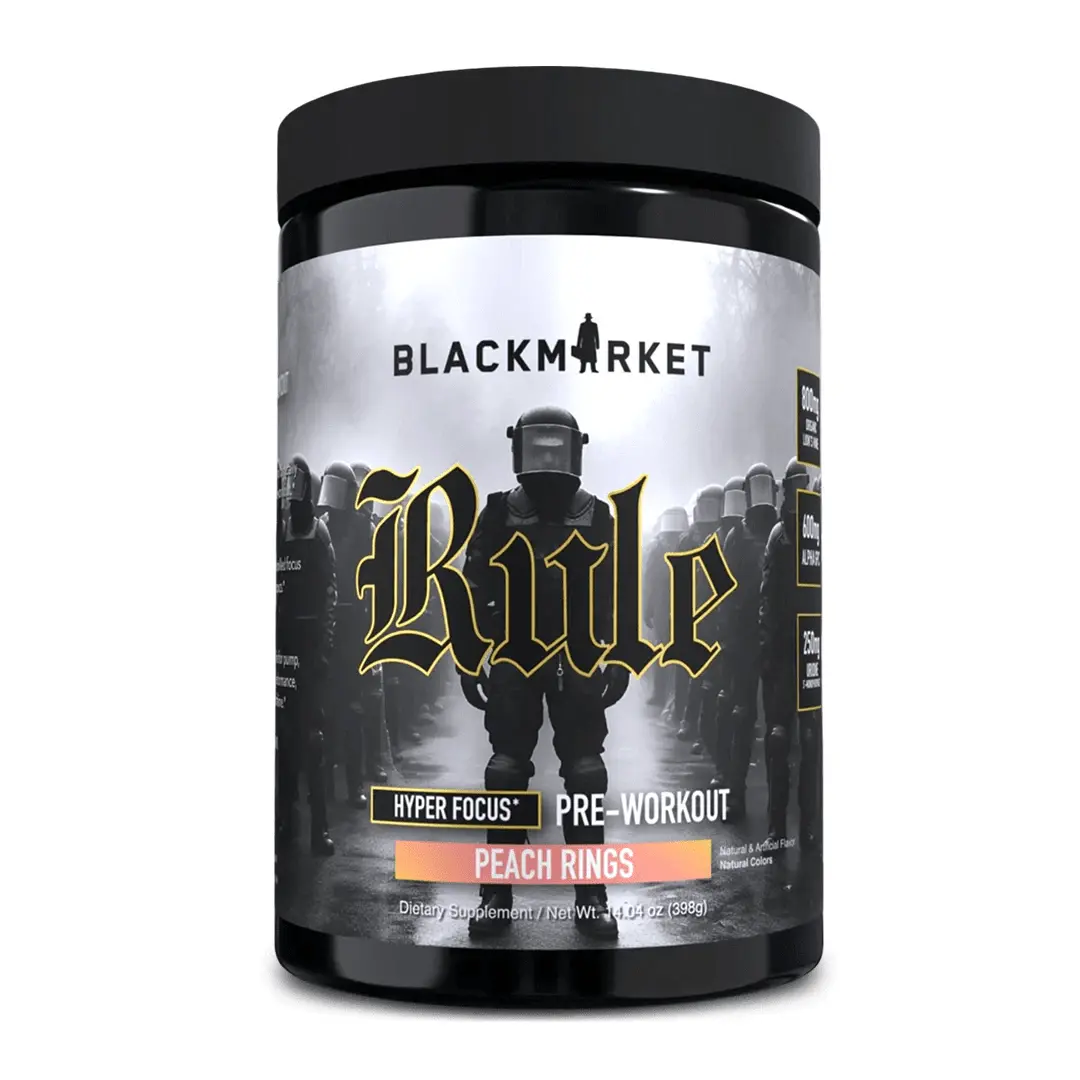BLACKMARKET Rule Edible Pre-Workout Supplement Powder - 418g Razz Mango Sherbet Flavor, Natural Fitness Enhancer with Hyper Focus, Explosive Energy, Intense Muscle Pumps, Metabolism Boost, Endurance Support, Recovery Aid