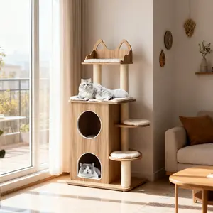 COSTWAY - 48 Inch Wooden Cat Tree with 2-Floor Condo and Washable Cushions-Natural