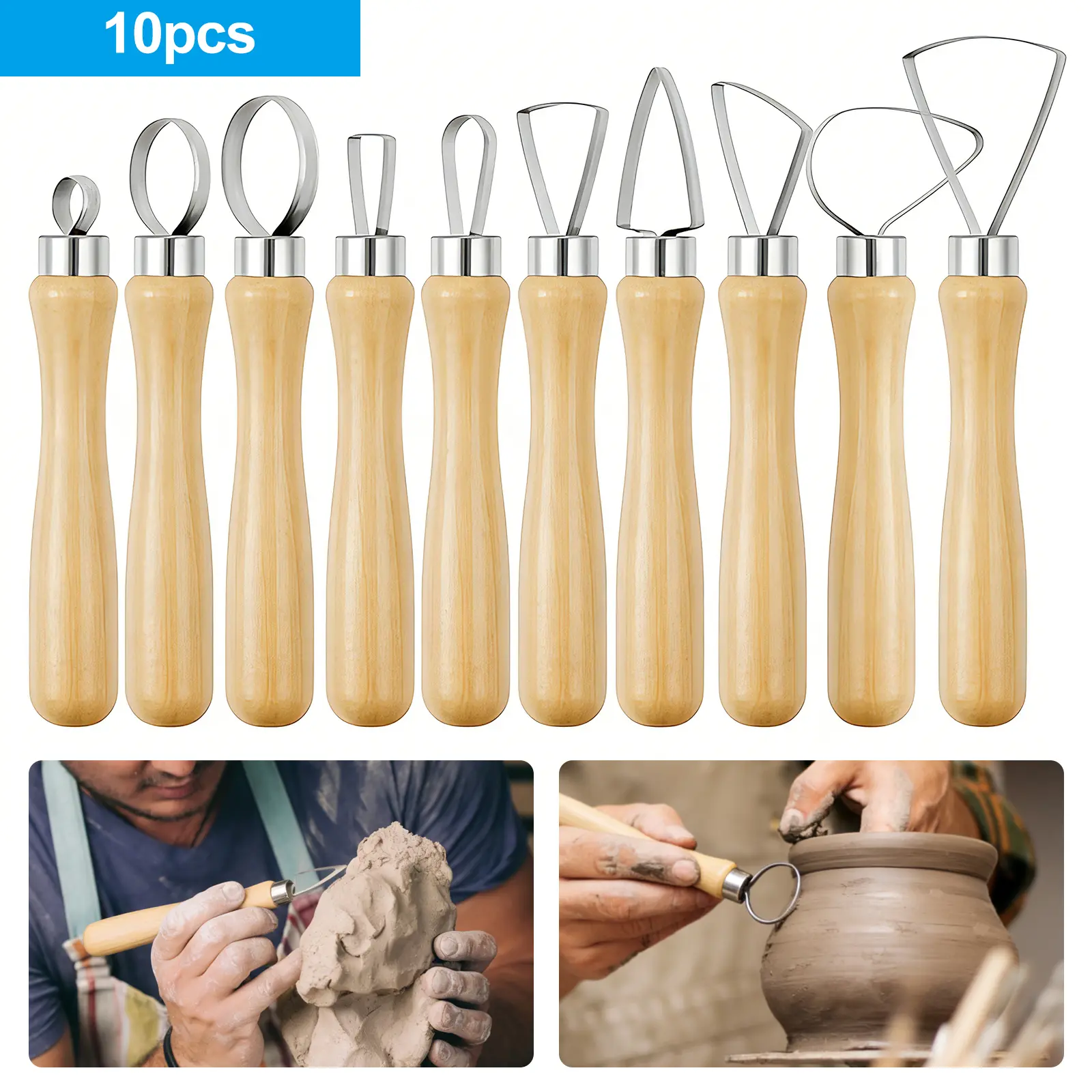 10Pcs Ceramic Clay Sculpting Tool Set - Wooden Handle Pottery Tools for Shaping, Carving & Modeling, DIY Clay Sculpture Craft Accessories