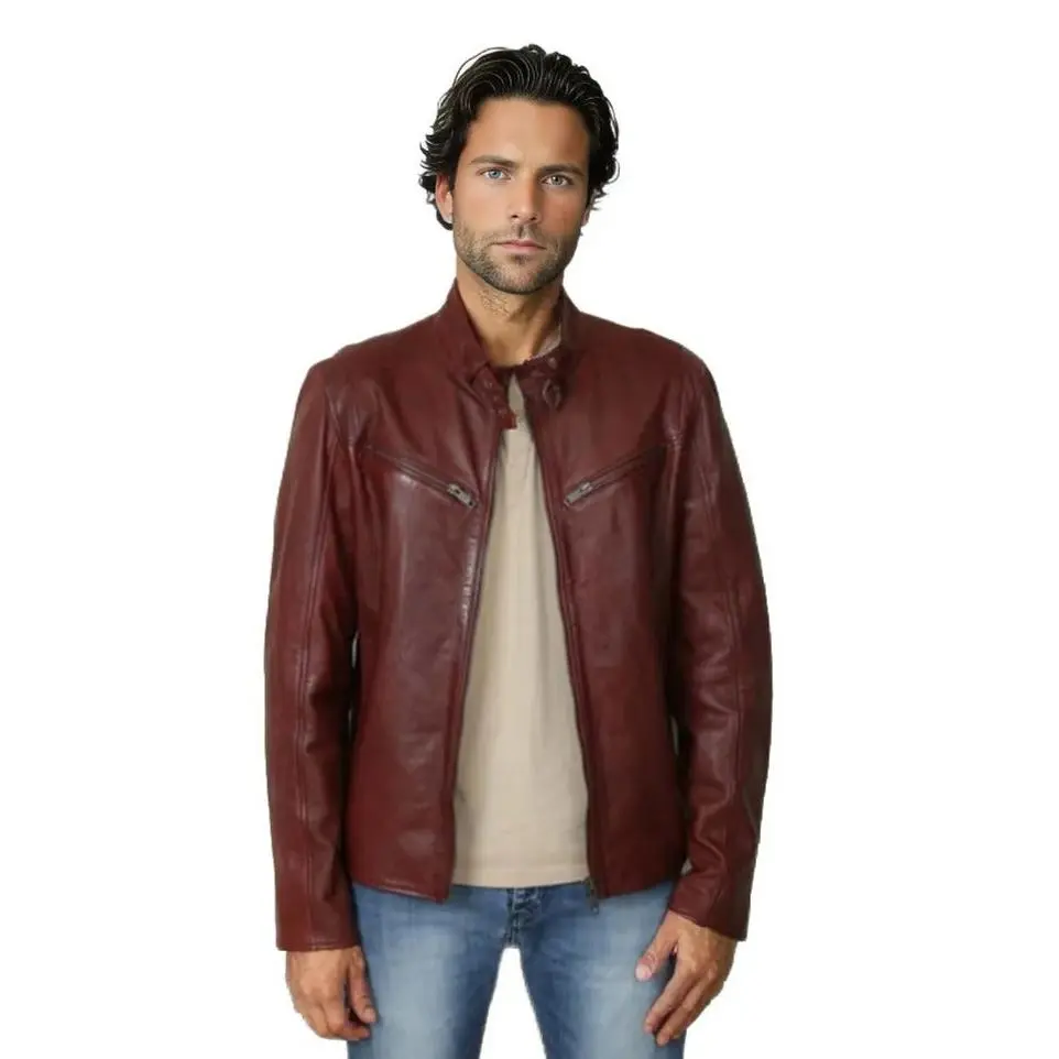 Leo Men's Genuine Leather Biker Jacket Maroon
