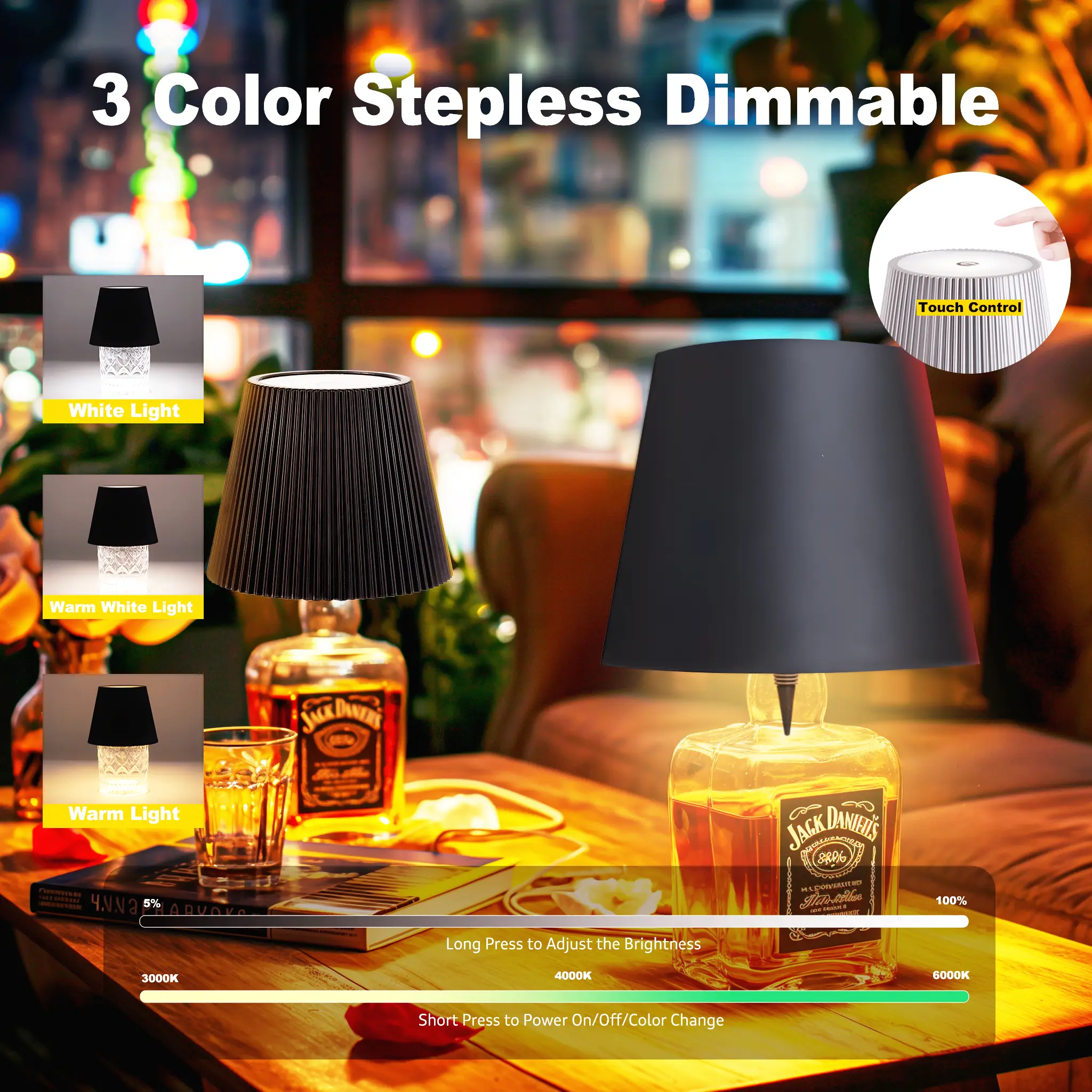 Wireless Bottle Lamp 3 Color Dimmable Lights Touch Lamp Head for Room Bar Restaurant Party Decor & Gifts Waterproof Stepless Dimming