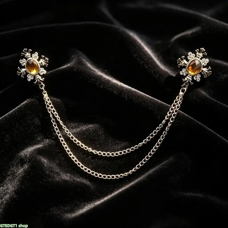 Vintage Collar Clip Brooch, 2-End Gold Alloy Metal Charm with Double Chain and Crystal Rhinestones for Blouse & Suit, Vintage Chic, Two Ends homedecor