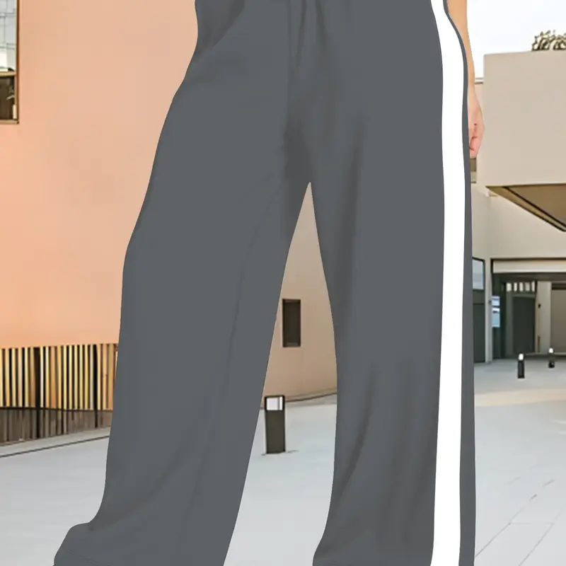 Plus Size Side Stripe Wide Leg Pants, Drawstring Elastic Waist Casual Pants, Commute Fitness Jogging Versatile Sports Pants, Training Pants, Exercise Pants, Drawstring Gym Pants, Fitness Summer Bottoms, Fitness Workout Pants, Activewear Bottoms