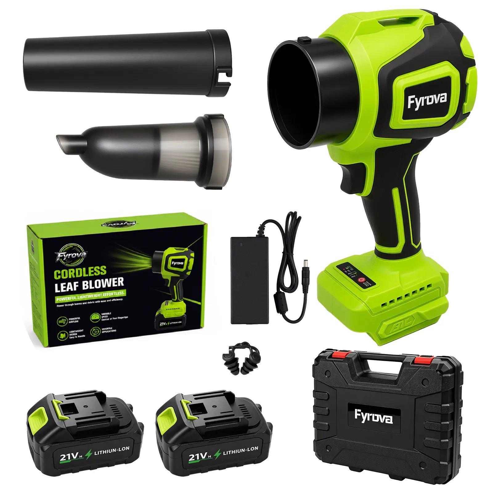 Fyrova Cordless Leaf Blower, Brushless Turbo Air Duster, 2-in-1 Blower & Vacuum for Car Drying, Garage Cleaning, Dust Removal, Snow & Leaves