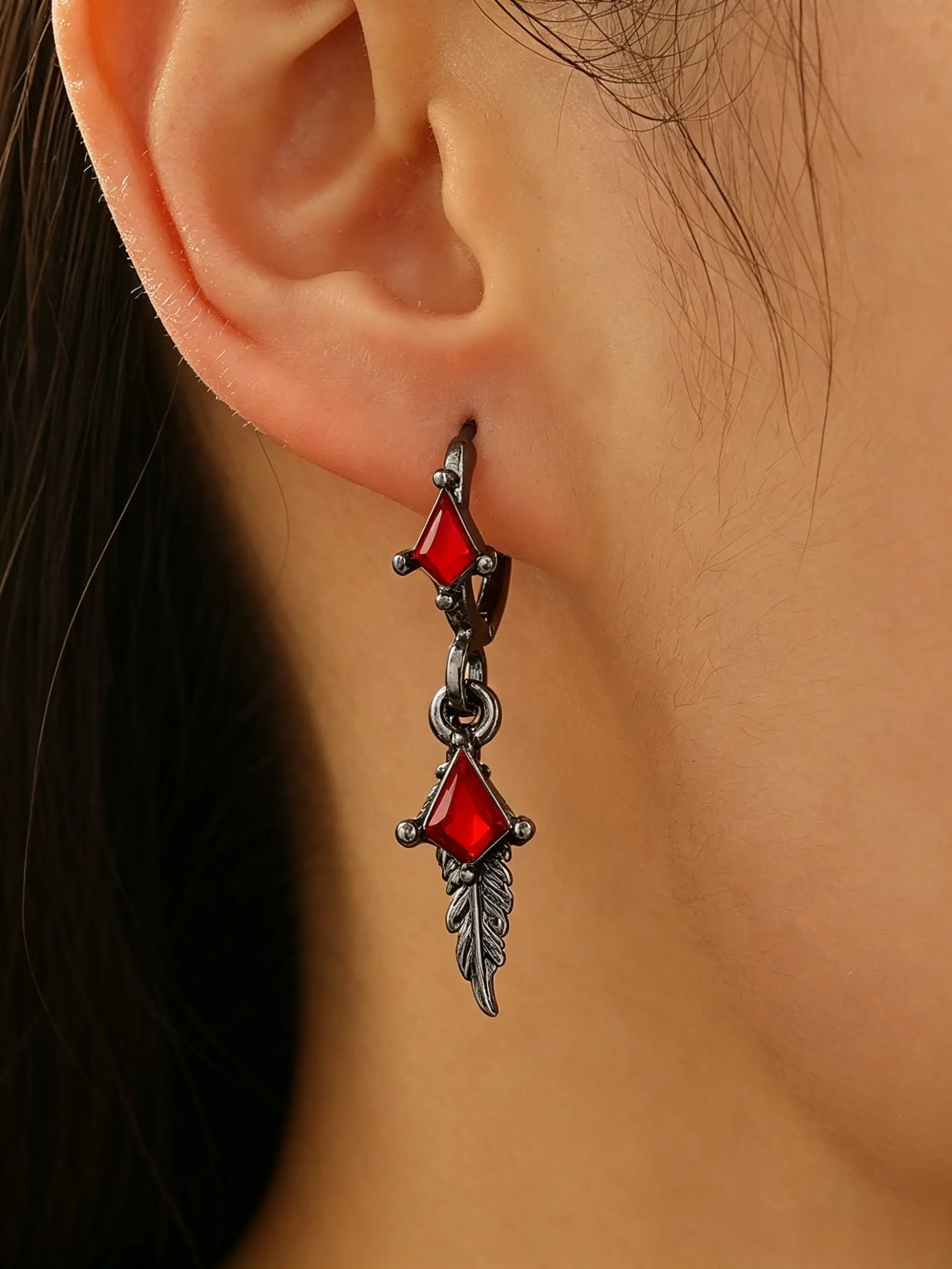 Gothic Crystal Feather Earrings, Gunmetal Dangle Studs, Unisex Jewelry, Fashionable Accessories for Men and Women