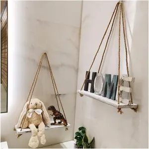2-Piece Rustic White Wood Shelf Set, Hanging Floating Shelves with 4 Hooks and Ropes, Modern Style for Kitchen, Bathroom, Living Room
