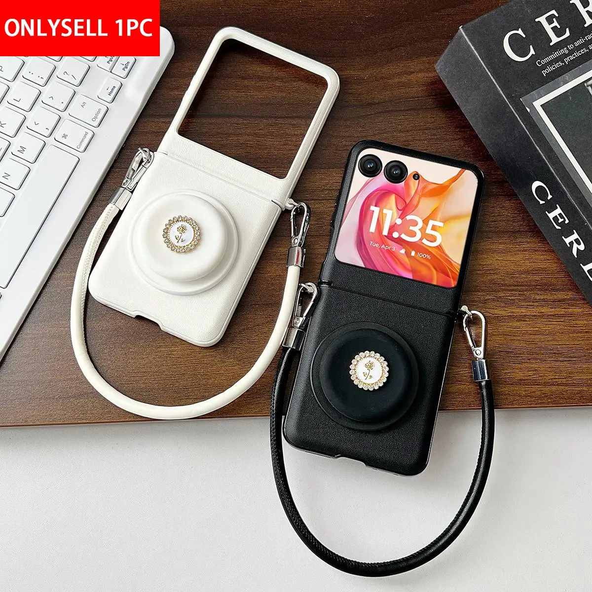 A PU leather rose-shaped phone stand magnetic phone case, Accessories, with a hand strap, supporting wireless charging, and a hard PC back plate for protecting the phone, suitable for Motorola Razr 2026, Razr 70, Razr 60, Razr 50 Ultra