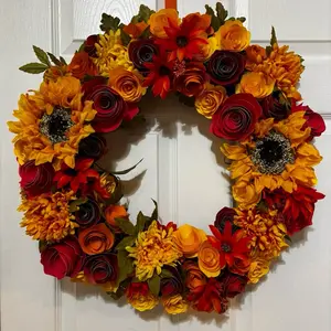 Handcrafted Paper Floral Autumn Fall Wreath with Vibrant Paper Roses and Artificial Flowers for Seasonal Decor