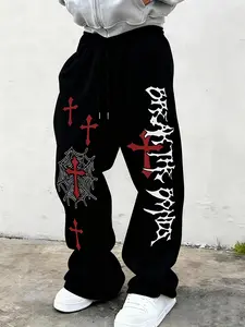 Men's Gothic Cross Print Wide Leg Sweatpants, American Street Spider Web Text Sports Pants, High Waist Long Trousers for All Seasons