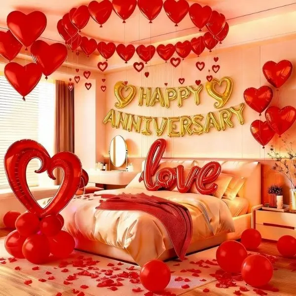 Romantic Anniversary Decoration Set – Banner & Red Heart Balloons, Valentine Party Decor for Bedroom, Home, Special Celebration-Birthday gift
