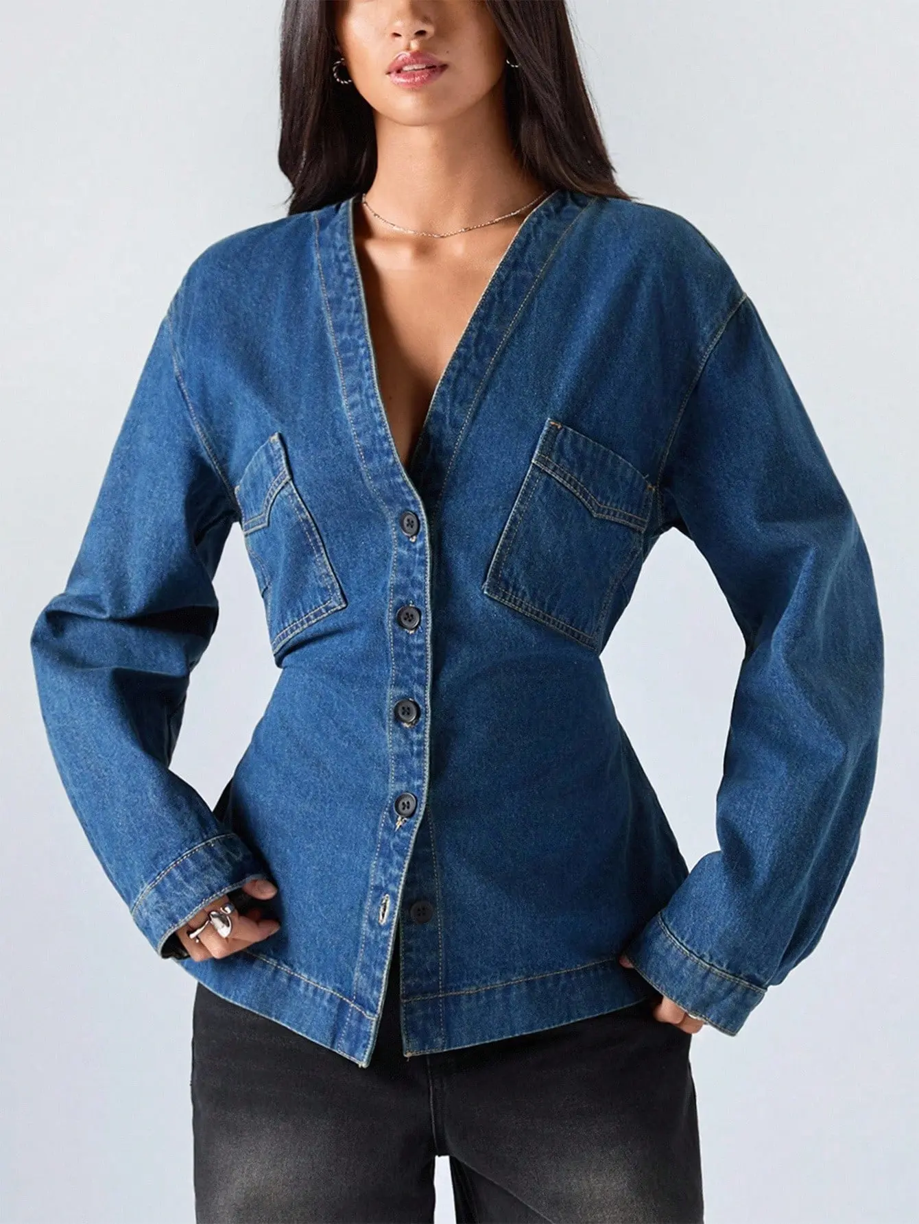 Lady's Elegant Slim-Fitted Deep V-Neck Denim Coat - Long-Sleeve Button-Front Woven Piece, Waist-Cinching Back Tie, All-Seasons Casual Ootd Wear (Do Not Dry Clean)