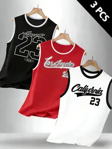 Men's 3-Pack Graphic Basketball Tank Tops - Jersey Top, Breathable Mesh Sleeveless Shirts, Gym Tops for Summer Sports, Outdoor Street Style & Athletic Training - Classic Chicago California LA Design