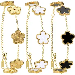 18K Gold Plated Clover Bracelet Set for Women, Gold/White/Black Flower Leaf Design, Trendy Lucky Jewelry, Birthday Gifts for Women, Mom and Friends