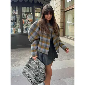 Fashion Retro Plaid Patchwork Loose Jacket Fashion Round Neck Double-Breasted Puff Sleeve Short Jacket 2025 New Spring Women's Bolero Jacket Blazer Jacket