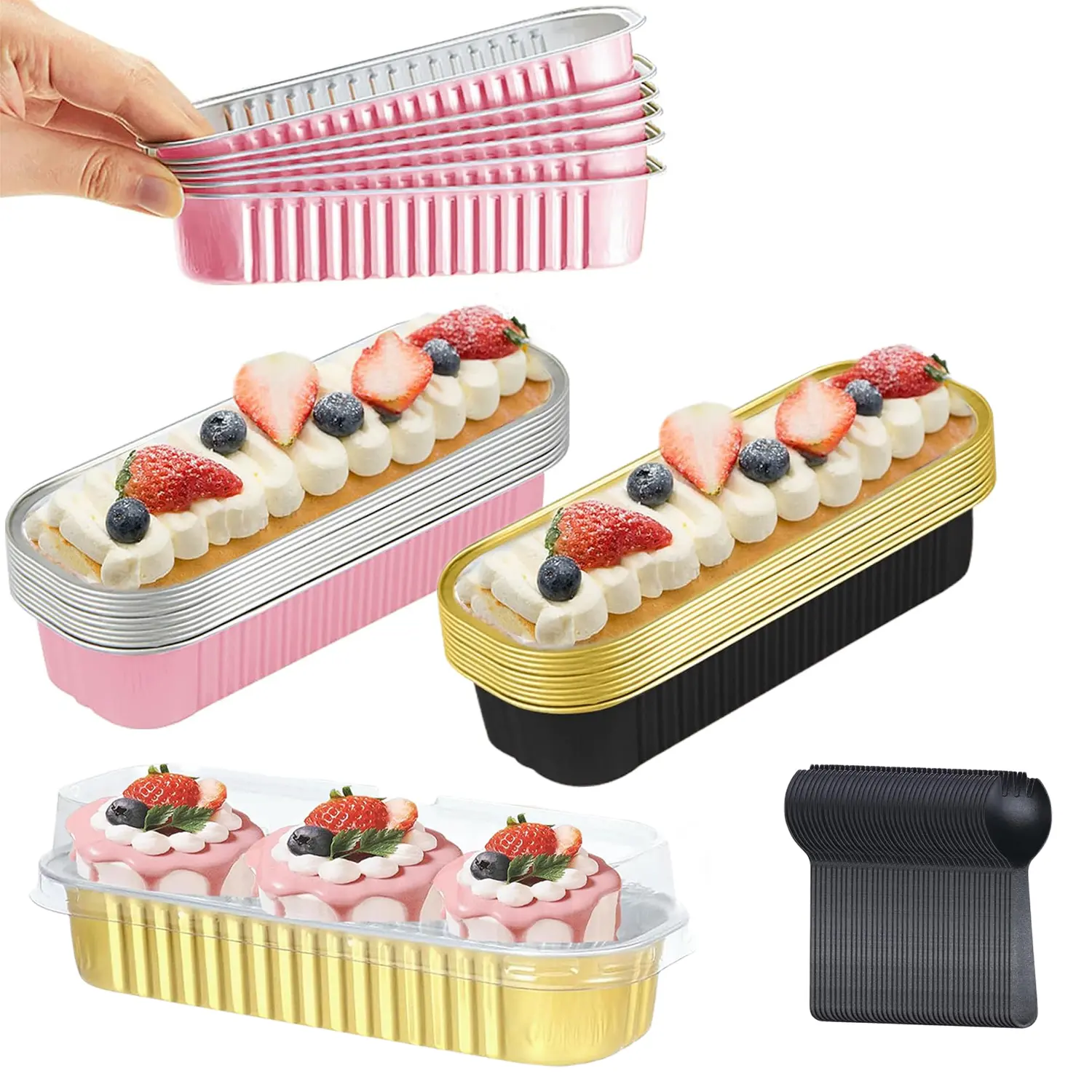 100-Pack 6.8oz Rectangle Aluminum Foil Mini Loaf Baking Pans with Lids and Spoons, Bakeware for Cupcakes, Cheesecakes