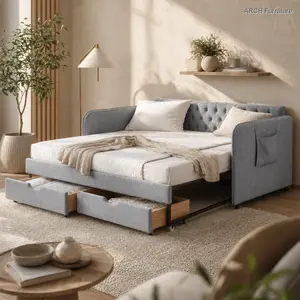 Grey Linen Blend Upholstered Convertible Twin-Size Sleeper Couch - Mid-Century Design with Trundle, 2 Storage Drawers, Flat Arms with Pockets, Mattress-Compatible for Bedroom, Living Room, Upholstered Couch