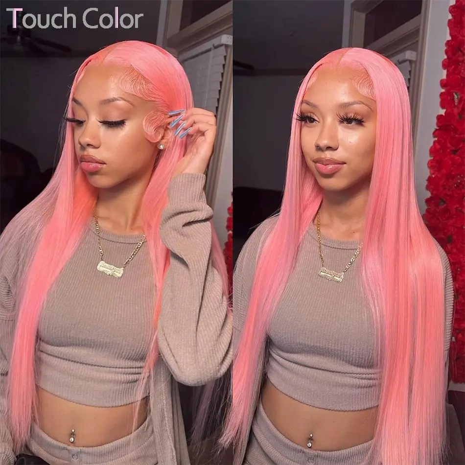 Pink Straight 13x4 Transparent Lace Front Wigs 180 Density Swiss Lace Pre Plucked Human Hair Wigs Baby Hair 36 Inch For Women