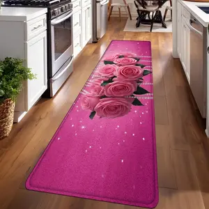 1PC，Pink Roses with Bead Curtain DecorationPatterned strip rugs, used for everyday or festive decorations, entryway mats, RV mats, bathroom non-slip mats, bedroom bedside mats, and kitchen mats.