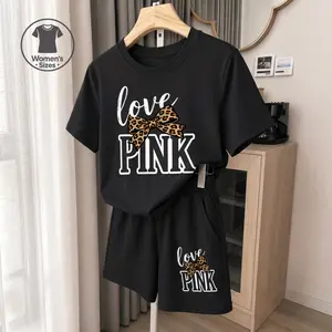Women's Love PINK Bow Graphic Short Sleeve T-Shirt And Shorts Set, Casual Summer Two-Piece Outfit With Crew Neck Top And Drawstring Waist Shorts For Daily Wear