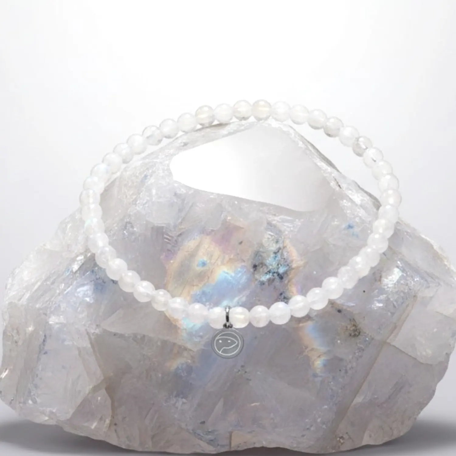 Women's Natural Round 4mm Bead Chain Rainbow Moonstone Bracelet with Sterling Silver Otter Charm - Heart Chakra, New Beginnings, Love, Otter Spirit, Adults