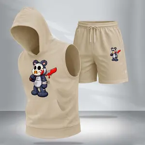 Men's Casual Two-Piece Set: Color-Block Bear Athleisure Streetwear — 5-Color Hooded Vest & Shorts — Regular Fit, Sporty-Casual Style, Sleeveless Top & Shorts — Men's Summer Apparel