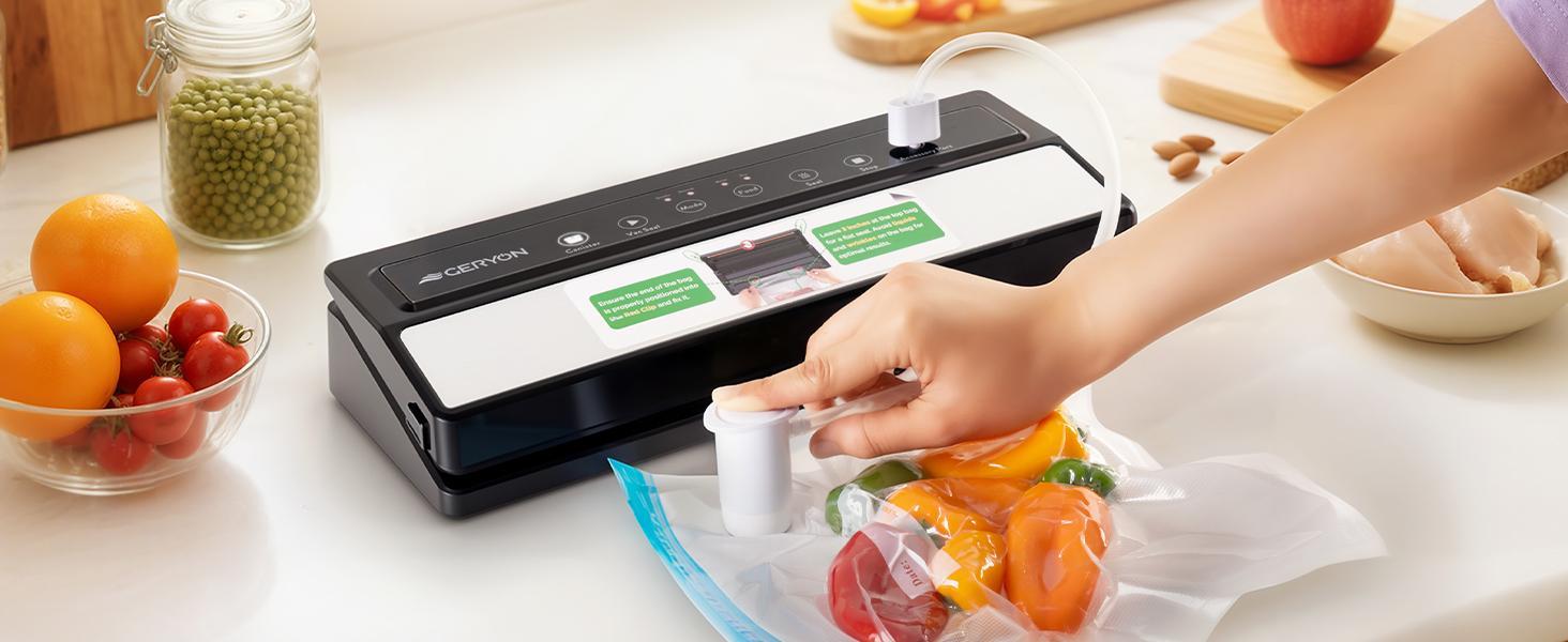 GERYON Vacuum Sealer Machine – Automatic Food Vacuum Sealer for Dry & Moist Food, Compact with LED Touch Panel, Includes Zipper Bags & Roll, Perfect for Sous Vide & Freezer Storage (Silver) GERYON Vacuum Sealer Machine – Automatic Food Vacuum Sealer for Dry & Moist Food, Compact with LED Touch Panel, Includes Zipper Bags & Roll, Perfect for Sous Vide & Freezer Storage (Silver)