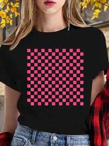 100% Cotton Black Hot Pink Checkerboard Pattern Checkered Gingham Check T-Shirt T-Shirt Print Round Neck Short Sleeve T-Shirt For Women Casual, Summer, Women Top Graphic Tees Women Tops