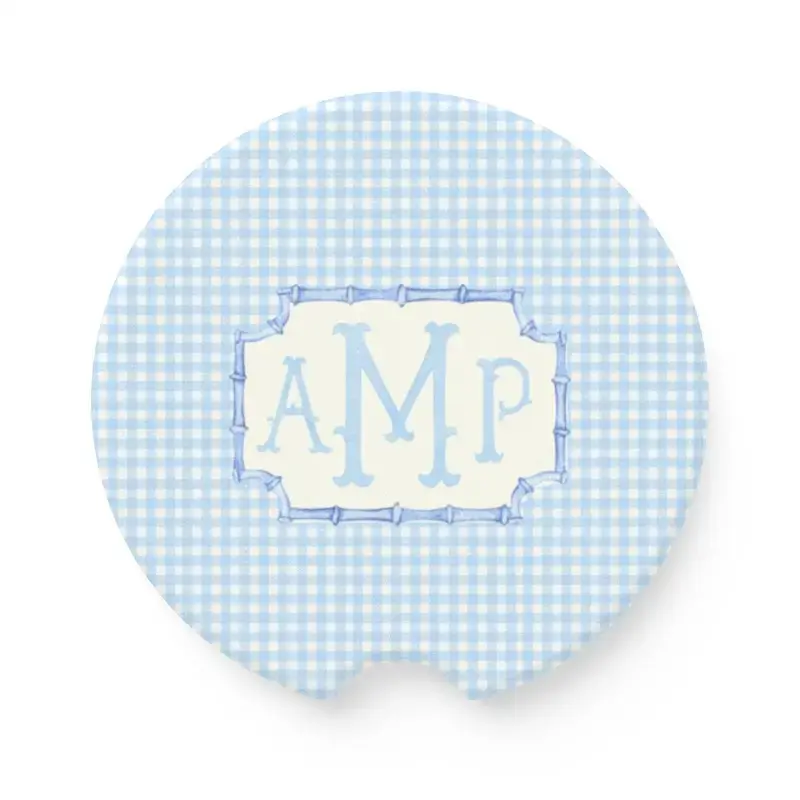 Monogram Blue Check Car Coasters: Personalized Sandstone Auto Accessories