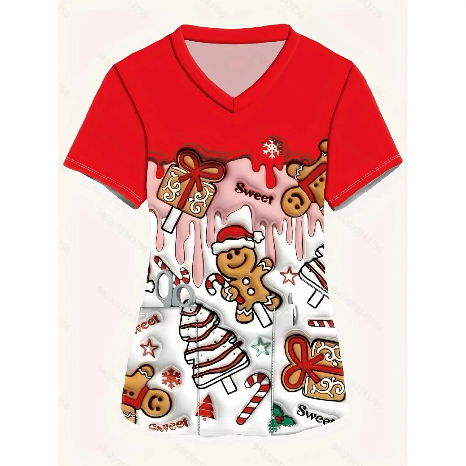 Women's Festive V-Neck Short-Sleeve Top with Christmas Gingerbread & Tree Cartoon Print, Casual Nurse Uniform with Pockets