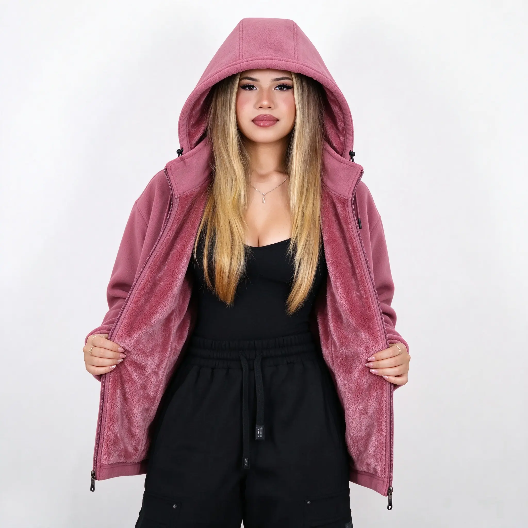 Pink Fleece Jacket Women Zip Up Hoodie Oversized Faux Fur Lined Sherpa Winter Coat Fluffy Cozy Warm Streetwear Y2K Aesthetic Drawstring Pockets Ribbed Cuffs Casual Fall 2026 Long Sleeve Full Zip Outerwear