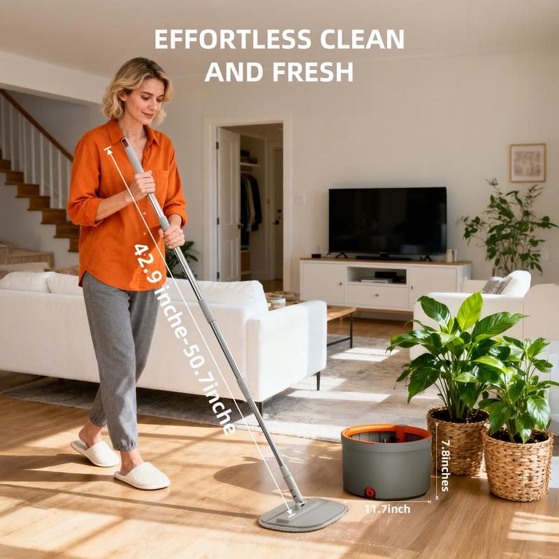 Mop and bucket set, convenient for cleaning corners, rotating mop with dirty water self separation system, including 4 replacement mop heads, household self-cleaning mop and bucket system, equipped with mop scraper for floor cleaning