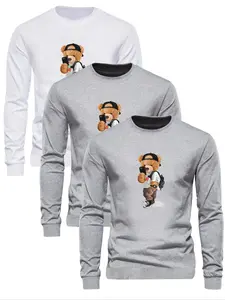 Men's Cartoon Bear Print Round Neck Sweatshirt, Regular Fit Casual Long Sleeve Crew Neck Pullover for Fall & Winter, Men's Clothes for Daily Wear