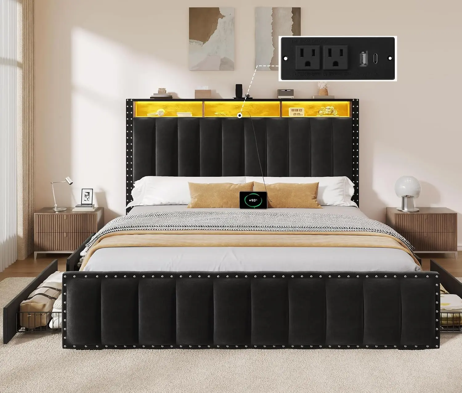 YITAHOME Queen Size Bed Frame with 4 Storage Drawers and RGB LED Lights, Velvet Upholstered Platform Bed with Charging Station and Storage Headboard, No Box Spring Needed, Easy Assembly