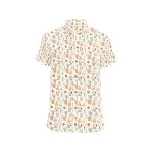 Cartoon Idol Button Down – Pastel All‑Over Print Short Sleeve Shirt