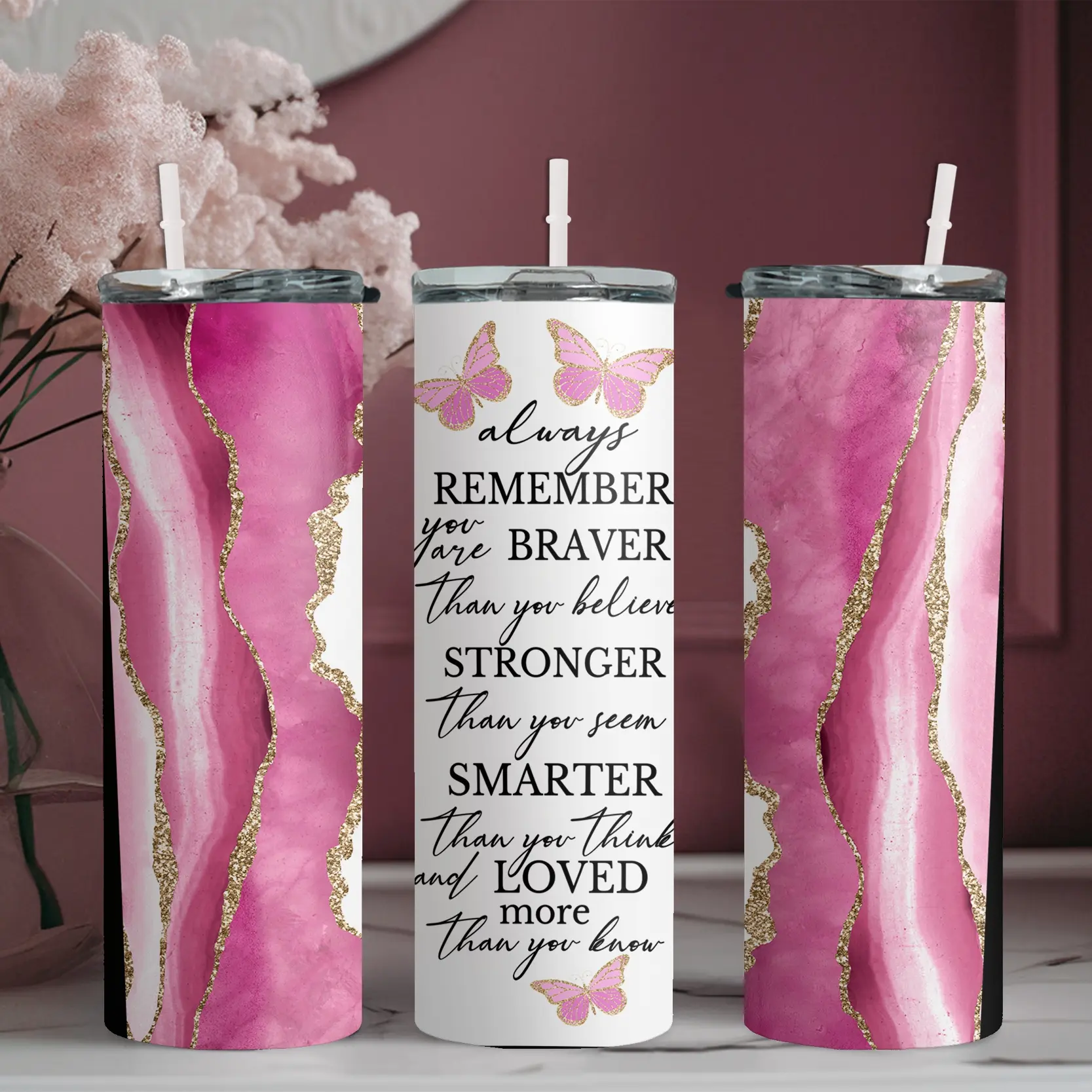 20oz stainless steel water bottle with straw, Pink marble and butterfly pattern design skinny tumbler, suitable for fitness, travel, driving, and daily use at home. A great gift for family and friends | 1pc