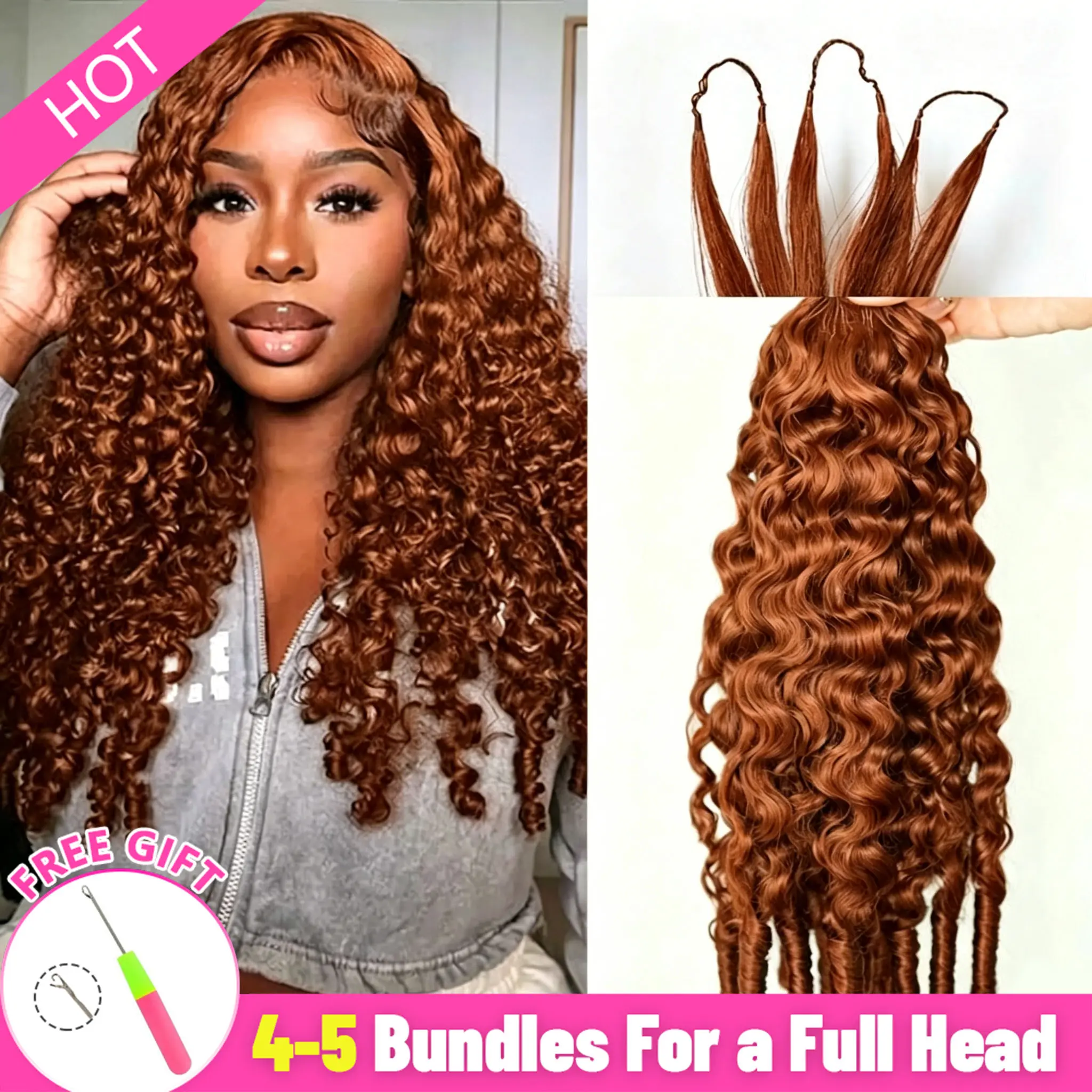 Bling Hair Reddish Brown Burmese Curly Crochet Human Hair Knotless Pre-Separated 33# Color Kinky Curly Feather Crochet Hair Extensions For Braiding