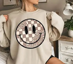 Retro Smiley Face Leopard Checkered Sweatshirt – Vintage Fall Aesthetic Shirt, Happy Face Cozy Crewneck, Trendy Graphic Pullover