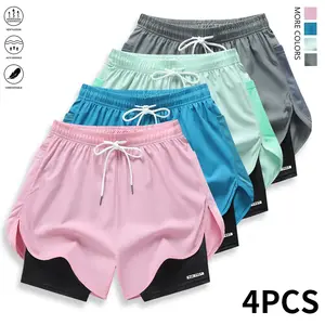 Women’s casual athletic shorts, 4-pack (recommended to order one size up), faux two-piece design, solid color, fleece lining, drawstring elastic waistband; suitable for outdoor workouts, running, and everyday wear; women’s shorts, summer apparel.