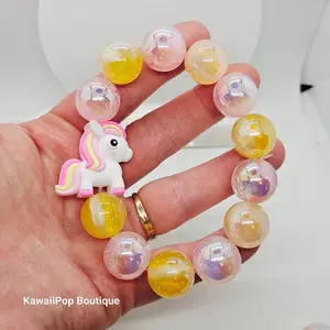 Pink & Yellow Sparkly Kawaii Unicorn Bracelet – Chunky Beaded Pastel Jewelry