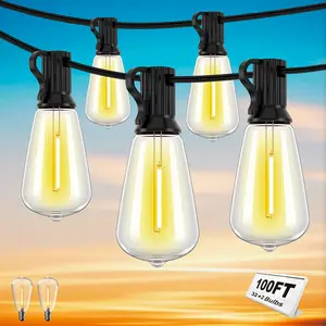 HXWEIYE 100FT LED Outdoor String Lights 32+2 Shatterproof ST38 Edison Bulbs, Waterproof & Weatherproof for Patios, Gardens, Energy-Saving, Connectable（Not solar-powered））